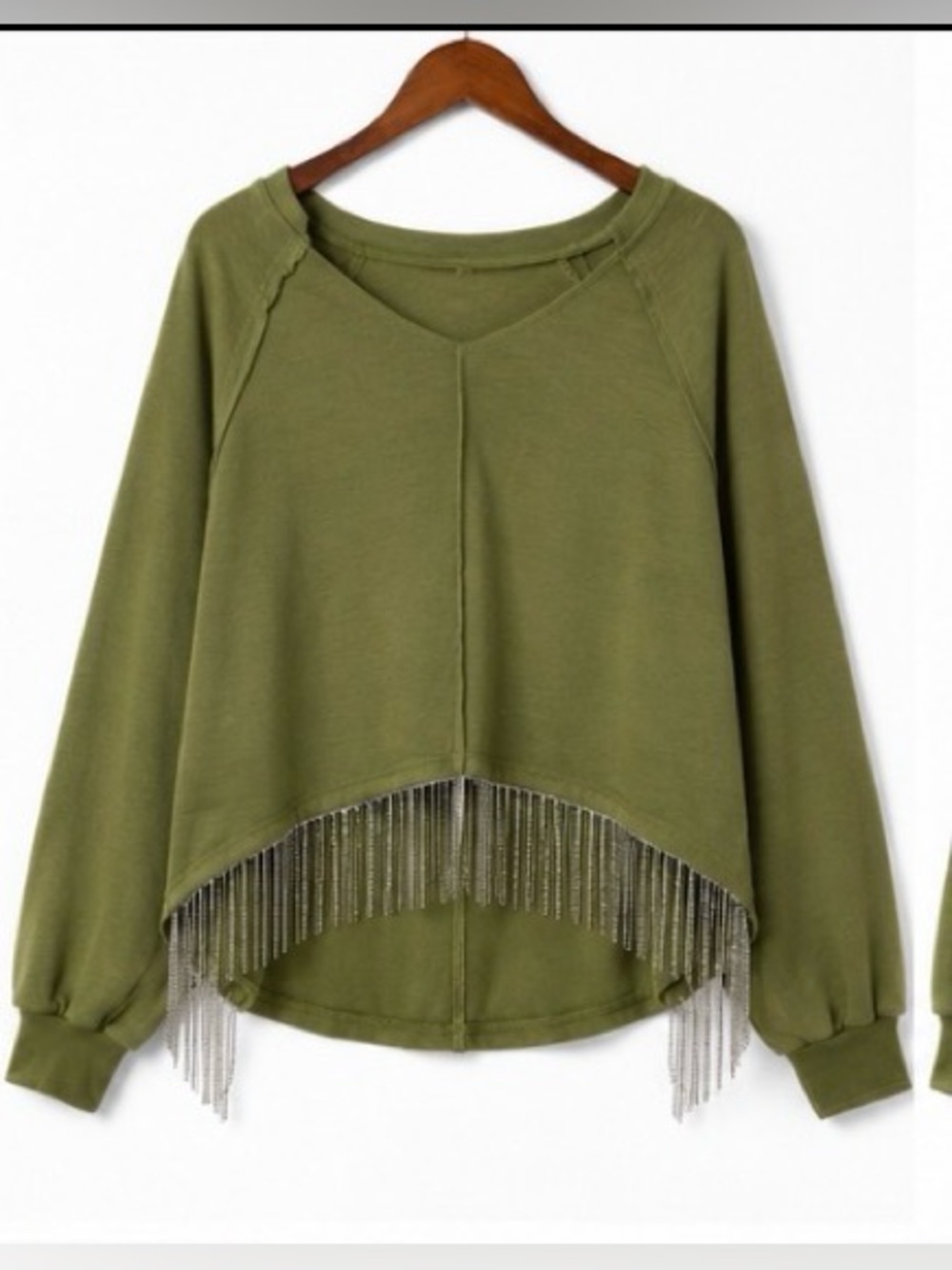 BlueVelvet NWT Olive Rhinestone Fringe High Low Sweatshirt Top Small